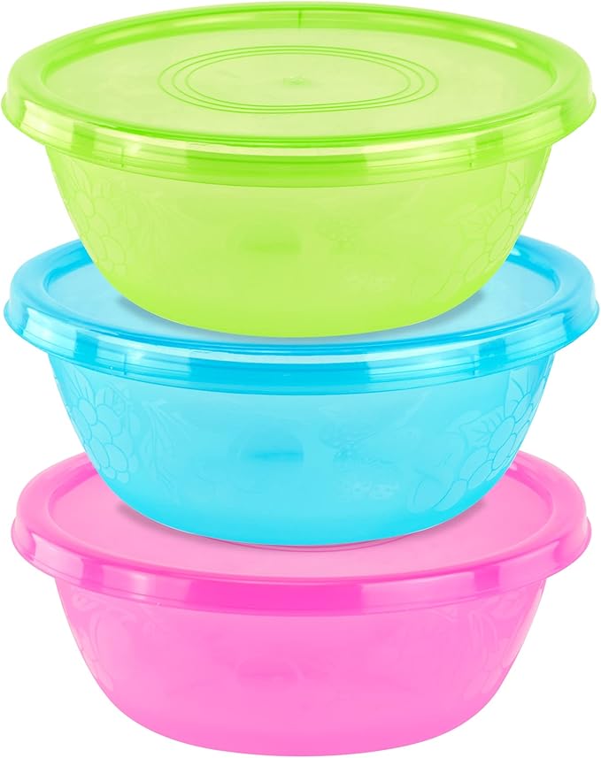 3 Extra Large Serving Bowls with Lids, 5.25 qt, Assorted