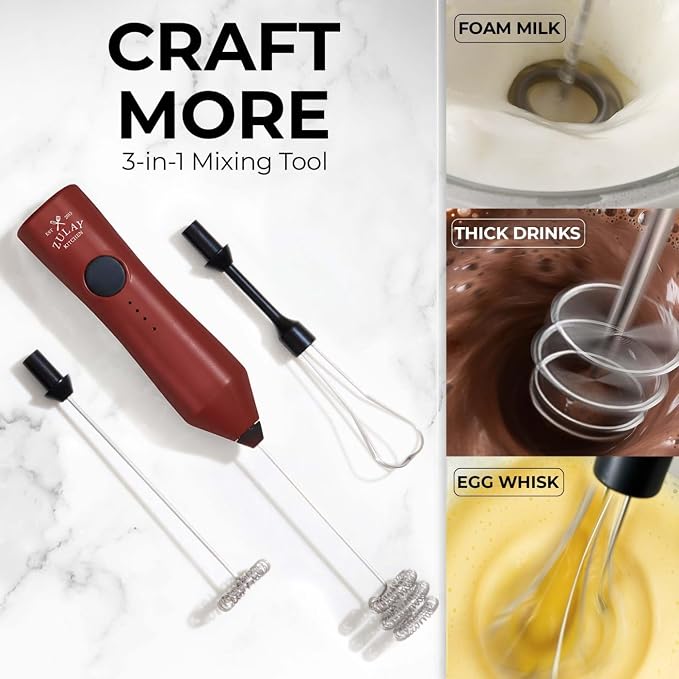 Zulay Kitchen Rechargeable Milk Frother Handheld - Frother Wand, Drink Mixer, Electric Whisk Frother, for Cappuccinos, Matcha & Protein Powder - Dynamic 3 Whisk, 3 Speed 500mAh Red Black