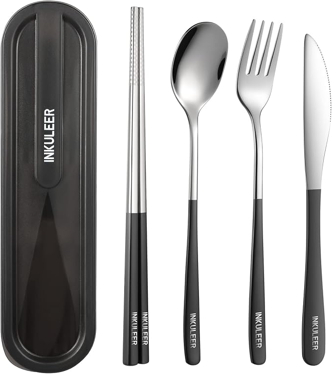 iNKULEER Travel cutlery set, 18/8 stainless steel cutlery, Reusable utensils set with case, Portable Silverware Lunch Box for Camping and Office
