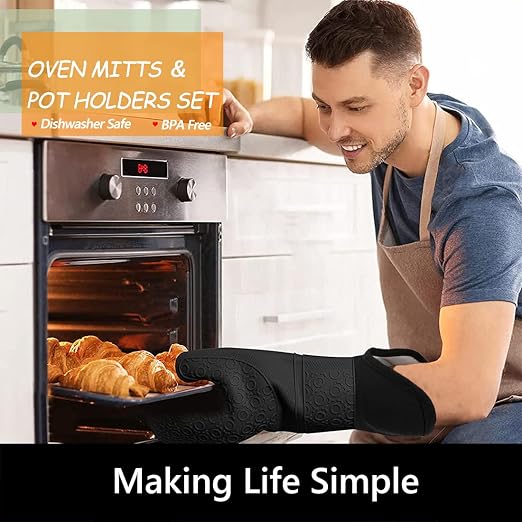 6pcs Silicone Oven Mitts and Pot Holders Sets for Kitchen, Black | 500°F heat resistant, cotton lining, honeycomb non-slip texture, 15-inch forearm protection, baking cooking gloves