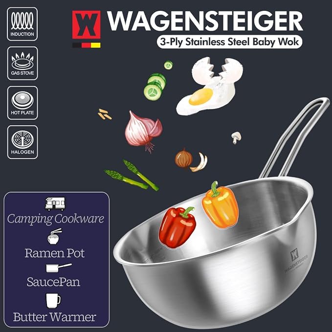 WAGENSTEIGER Mini Wok 200mm Stainless Steel, 3-Ply Aluminum Core Base, Induction Compatible Small Wok Pan, Ramen Pot for Camping & Outdoor Cooking