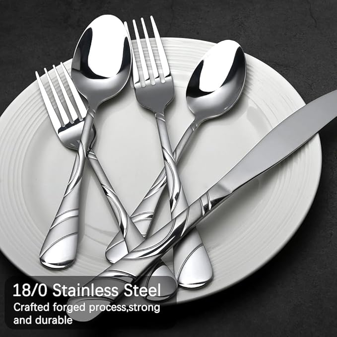 60-Piece Silverware Set for 12, 18/0 Frosted & Mirror Finish Stainless Steel Vintage Flatware Set, Modern Cutlery Set for Home Wedding Restaurant Housewarming Party Event Serving For 12
