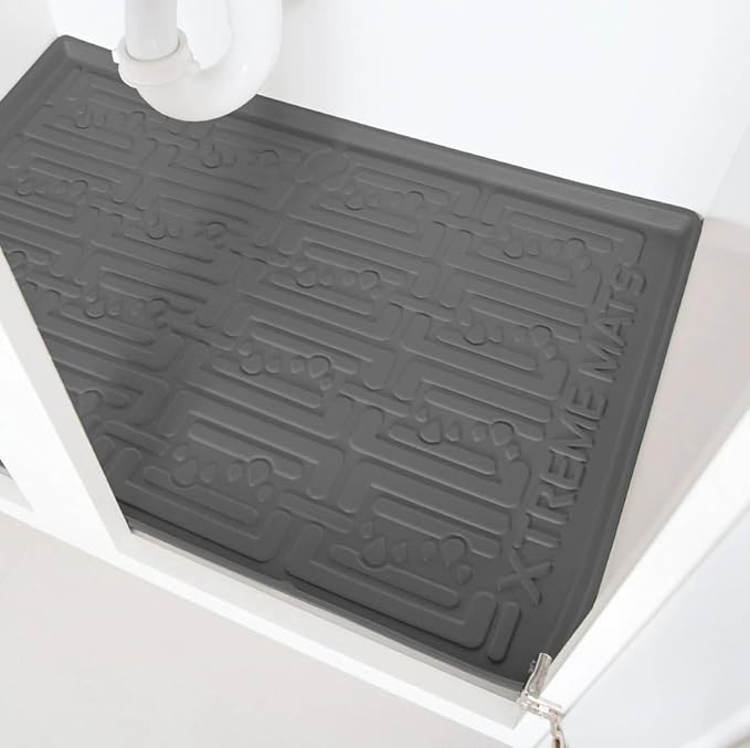XTREME MATS Waterproof Undersink Mat (Grey 31" 1/4 x 22 1/4) Cabinet Base Liner for Kitchen & Laundry Cabinets Catches Leaks Prevents Damage Flexible Sink Driptray