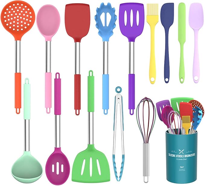 Umite Chef Kitchen Utensils Set, 15 pcs Silicone Cooking Kitchen Utensils Set, Non-stick Silicone Stainless Steel Handle Turner Spatula Spoon Tongs Whisk Cookware - Colorful