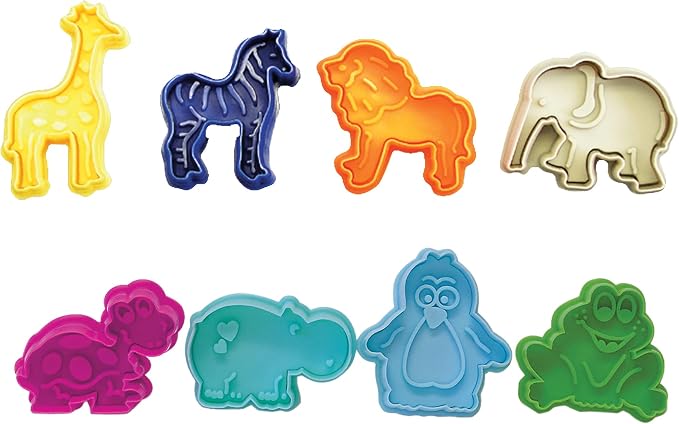 R&M Animal Cookie Stamper, Zoo Animal, Giraffe, Zebra, Lion, Elephant, Turtle, Hippo, Penguin, Frog, 2 Inch, 8 Piece Set
