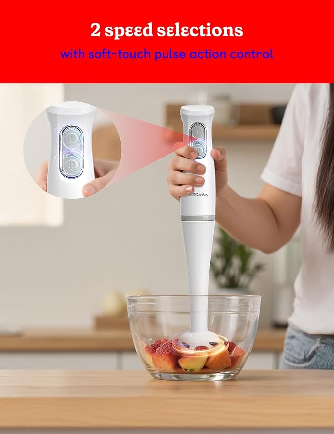 Betty Crocker 2-Speed Hand Blender, 20-Oz. Beaker, BC-4307W, White | Immersion Blender, 300W Motor 450W Peak Power, Soft-Touch Pulse Control, Stainless Steel Blade, BPA Free
