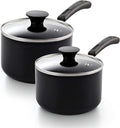 Cook N Home Basic 1 Quart and 2 Quart Nonstick Saucepan Set with Glass Lids, 2-Piece Non Stick Aluminum Sauce Pans, Multi-Purpose Milk Chocolate Cooking Pots with Stay-Cool Handles, Black | 2-Piece Nonstick Aluminum Sauce Pans, Multi-Purpose Milk Choco...