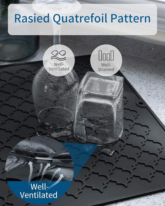 AMOAMI-Dish Drying Mats for Kitchen Counter-Silicone Dish Drying Mat-Kitchen Dish Drying Pad Heat Resistant Mat-Kitchen Gadgets Kitchen Accessories Kitchen Small Appliances(16" x 18", BLACK)
