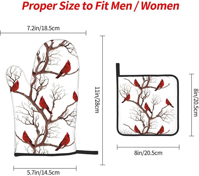 Winter Cardinal Birds Oven Mitts and Pot Holders Sets of 3 Hot Pads | Heat Resistant Washable Oven Gloves for Cooking Grilling Baking Christmas Holiday Kitchen Decor Cardinal Gifts for Women