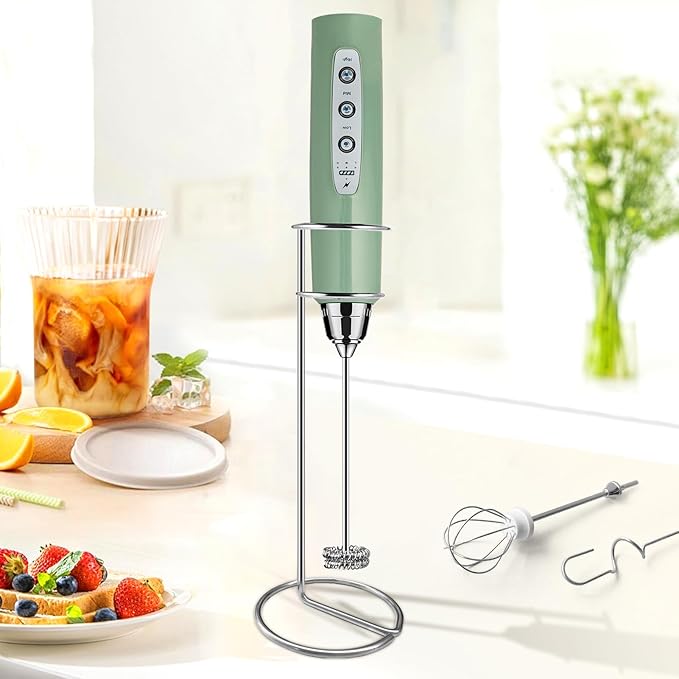 Milk Frother Wand Rechargeable Handheld Electric Whisk 3 Speed Adjustable | Coffee Frother Wand with 3 Stainless Whisks Electric Foam Maker Drink Mixer Blender for Latte Cappuccino Matcha Egg