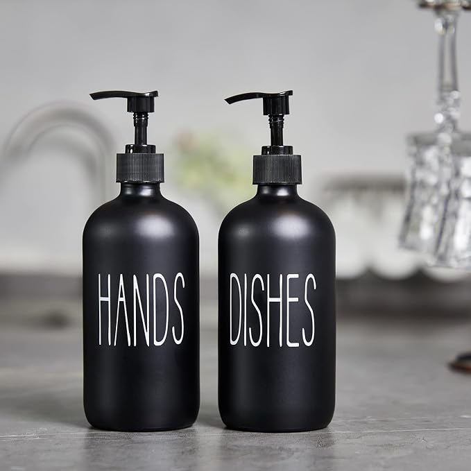 COHOSEGE Glass Soap Dispenser Set 2 Pack,Contains Hand and Dish Soap Dispenser.Premium 16 Oz Black Kitchen Soap Dispenser Set for Kitchen Sink and Farmhouse Decor