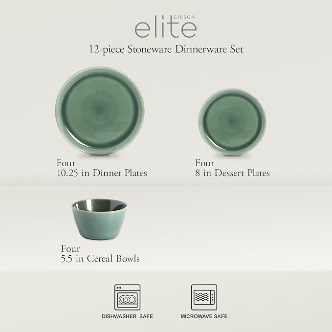 Gibson Elite 12 Piece (Service for 4) Fern Canyon Plates and Bowls Reactive Glaze Modern Coupe Round Dishes Stoneware Ceramic Dinnerware Set - Glossy Green