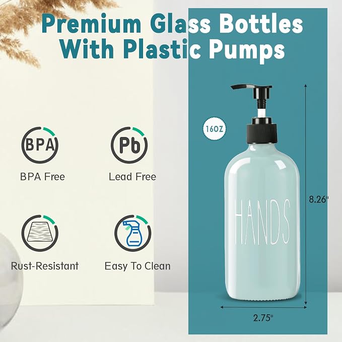 COHOSEGE Glass Soap Dispenser Set 2 Pack,16 Oz Dish Soap Dispenser for Kitchen Sink,Green Kitchen Accessories and Kitchen Decor,Green Decorations and Kitchen Utensils for Kitchen