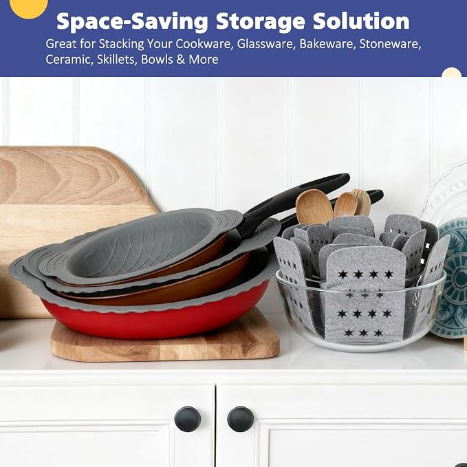 BYKITCHEN 3PCS Silicone Pan Protectors with 6PCS Felt Pot Separators Pads | Cookware Dividers for Stacking and Protecting Your Cookware,Compatible with Hexclad Cookware, Tfal Nonstick Frying Pans &More