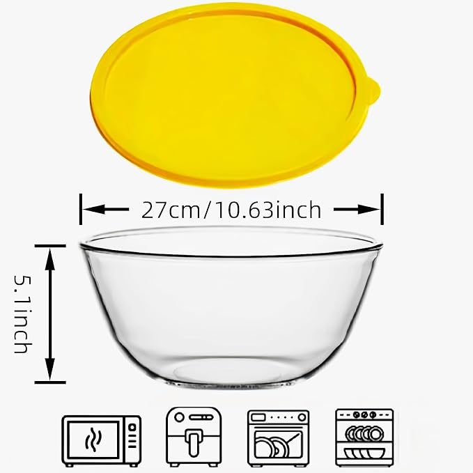 4.7QT Large Glass Mixing Bowl with Yellow Lid, Big Salad Bowl with Lid, Large Glass Bowls for Sourdough and Kithen
