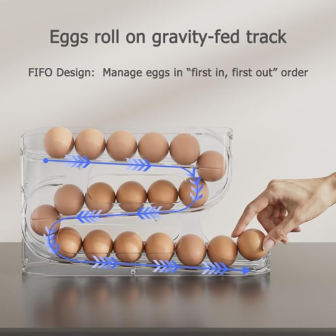 Clear FIFO Egg Holder for Fridge, Egg Dispenser for Eggs 36 Count | 2-Pack Automatic Rolling Egg Organizer for Refrigerator, Space-Saving Egg Roller/Container/Storage for Kitchen Countertop