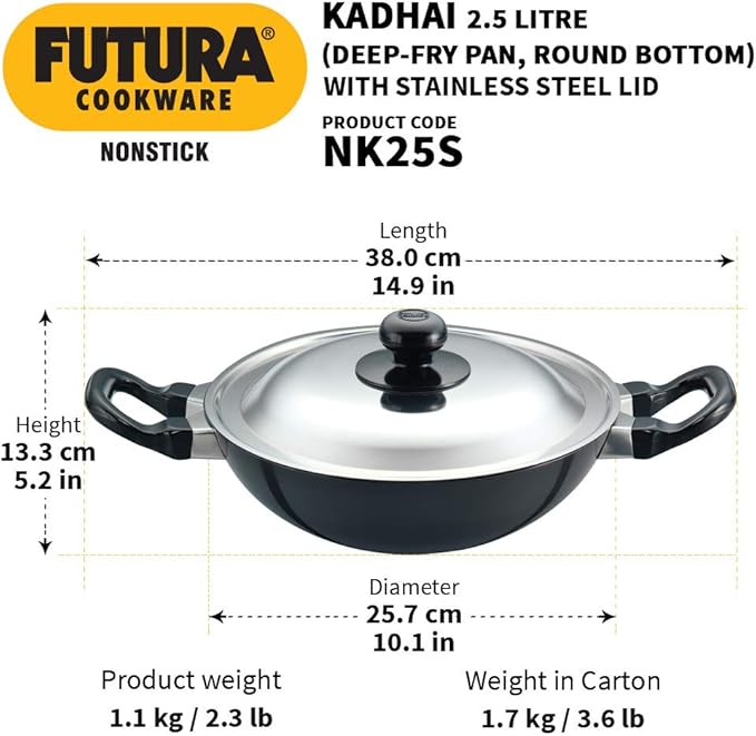Hawkins Futura Nonstick Kadhai 2.5 L, 26 cm, 3.25 mm with SS lid (Black)