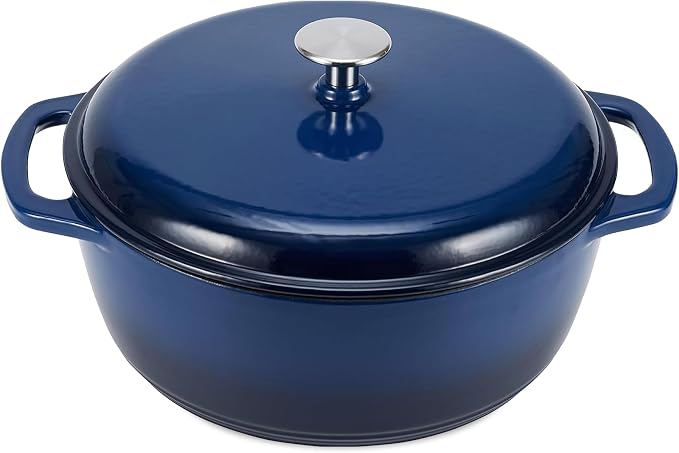 Amazon Basics Enameled Cast Iron Dutch Oven Pot with Lid, Round, Dual Handles, Heavy-Duty, Oven Safe for Stews, Roasting, Baking, 6-Quart, Navy