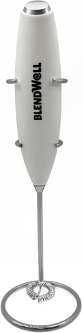 BlendWell Electric Milk Frother for Matcha and Coffee, Handheld Battery Operated Drink Mixer with Stand, Stainless Steel Whisk, White