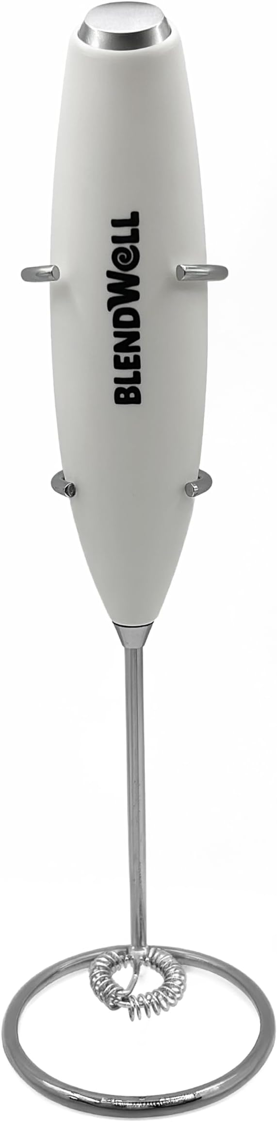 BlendWell Electric Milk Frother for Matcha and Coffee, Handheld Battery Operated Drink Mixer with Stand, Stainless Steel Whisk, White