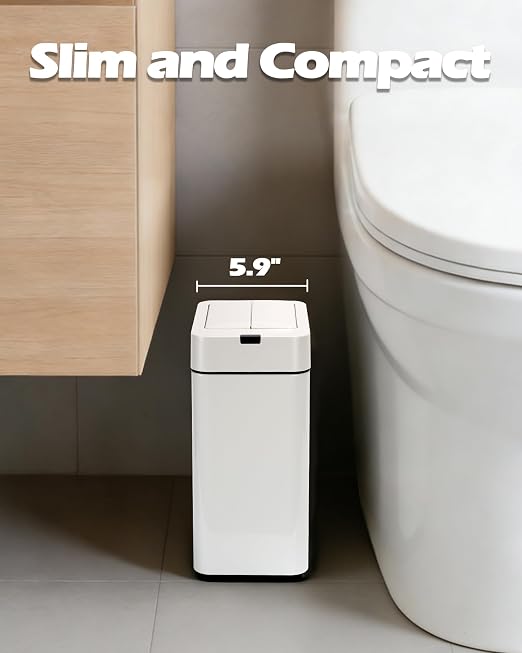 ELPHECO Slim Bathroom Trash Can with Lid 2.6 Gallon Smart Trash Can White | Motion Sensor Butterfly Lid Garbage Can Automatic Stainless Steel Wastebasket Bathroom Decor for Bedroom Office Toilet