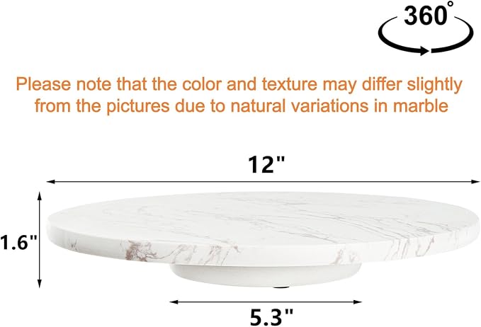 Marble Lazy Susan, Natural Marble Round Tray Turntable Cake Stand, 12" Lazy Susan Cheese Board with Silent Rotating for Serving, Table Display, Cupcake, White, Revolving Cake Leveler Spinner