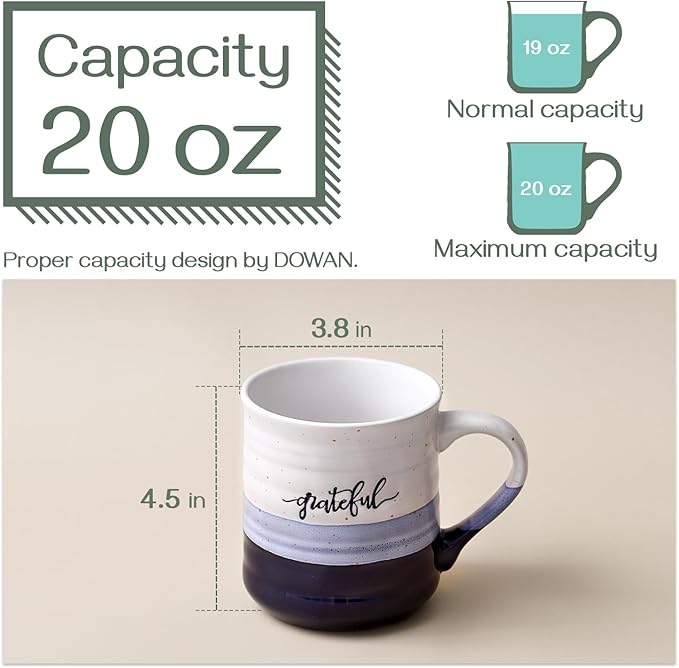DOWAN 20 oz Coffee Mugs, Large Mugs with Word Blessed Grateful, Porcelain Coffee Cup, Thank You Gifts for Mom Dad, Set of 2