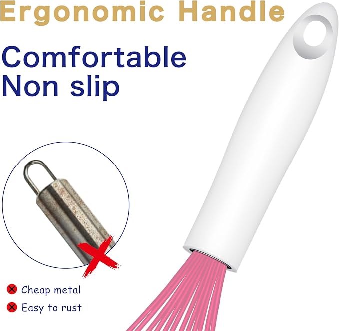 OYV Pink Silicone Whisk Set of 3, 8/10/12 Inch, Dishwasher Safe | Sealed Waterproof Handles, Non-Scratch Silicone-Coated Wires, Nonstick-Safe, Durable Stainless Steel Cores, Easy To Clean