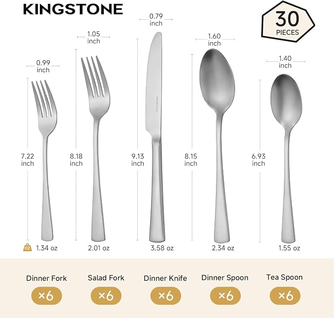 30-Piece Silverware Set, 18/10 Stainless Steel Flatware Set for 6, Matte Satin Finish Forged Cutlery Set Dishwasher Safe | KINGSTONE Forged Flatware Cutlery Set, Mirror Polished Knives Fork and Spoon Utensils, Dishwaher Safe for Home Wedding Party