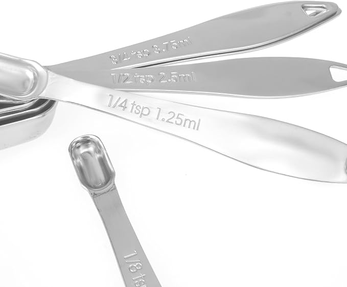 6-Piece 18/8 Stainless Steel Measuring Spoons Set, Silver | Six Engraved US and Metric Sizes From 1/8 TSP to 1 Tbsp Fit Narrow Spice Jars and Stay Together On an O-shaped Ring