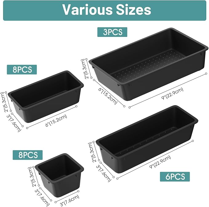 25 PCS Plastic Drawer Organizer Set, Makeup Organizers and Storage Bins | 4 Sizes Desk Drawer Divider Organizers and Storage Bins for Jewelry, Gadgets for Kitchen, Bedroom, Bathroom, Deep Black