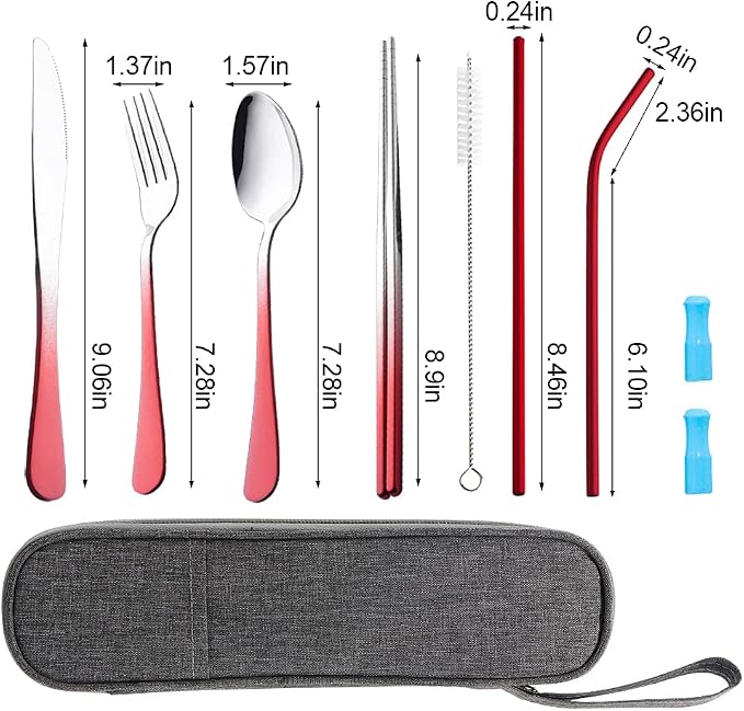 Travel Utensils Set with Case Reusable Portable Cutlery Set Stainless Steel 8pcs Including Dinner Knife Fork Spoon Chopsticks straws (Gradient Red) | Dishwasher Including Dinner Knife Fork Spoon Chopsticks Straws Travel Fork Spoon Knife for Work, Campi...