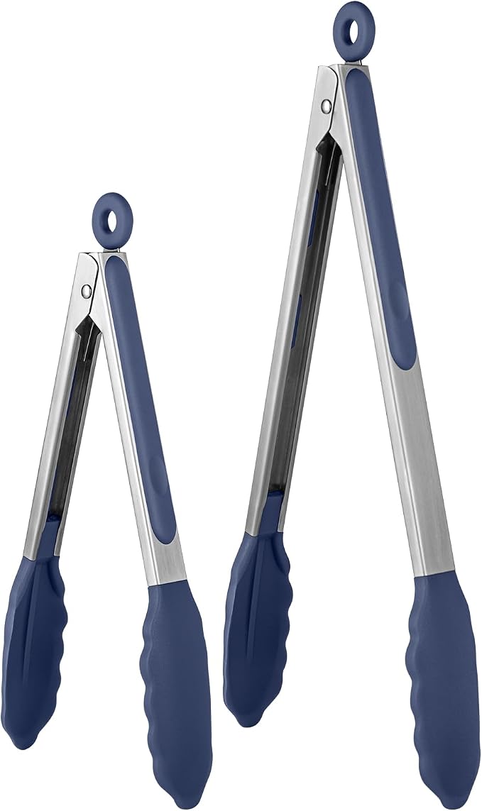 U-Taste Kitchen Tongs for Cooking, 600ºF Heat-Resistant, 2Pcs/Midnight Blue | Silicone Tong Set 9/12in, Salad/Grill/BBQ Plastic Tong for Food Serving, Rubber Tipped Tong with 18/8 Stainless Steel Handle