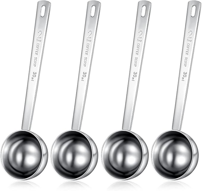 Geiserailie 4 Pcs 2 Tablespoon Scoops with Long Handle, 30 ml Stainless Steel Measuring Spoon for Coffee Milk Fruit Powder, Loose Tea Dry, Spice Jar, Cooking Baking, and Other Dry Goods