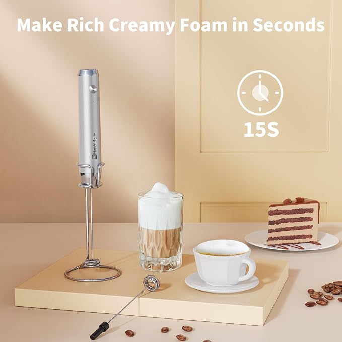 Maestri House LunaFro Rechargeable Milk Frother,Stand & 2 Detachable Whisks | 8000RPM Turbo Motor, 1200mAh lithium battery, Handheld Milk Frother for Lattes, Cappuccino, Matcha & Powdered Supplements