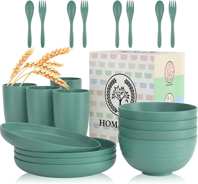 Wheat Straw Dinnerware Sets, Homienly 20pcs Unbreakable Microwave Dishwasher Safe Tableware Lightweight Bowls, Cups, Plates Set Reusable Dinner Plates Bowls set (Green)