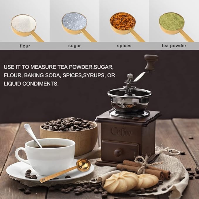 Coffee Scoop, Gold Stainless Steel Coffee Spoons Set, 1 tablespoon (15ml) and 1 tablespoons (30ml) Spoon, Gold Tablespoon Measure Spoon for Coffee, Milk Powder, Fruit Powder, 2 Pack(Long Handle)