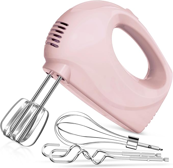 Showvigor Electric Hand Mixer with 5 Stainless Steel Whisks,5 Speed,Pink | Portable Kitchen Mixer Electric Whisk, Food Beater for Whipping Mixing Cookies