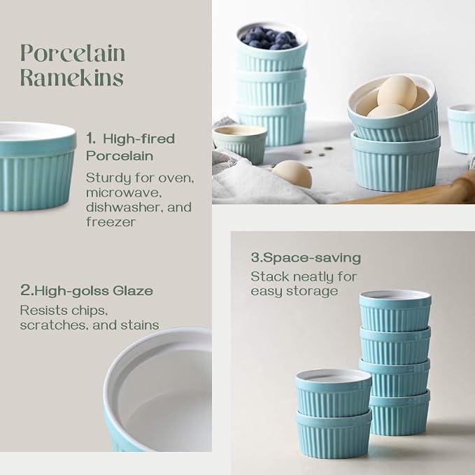 DOWAN Ramekins 6 oz Oven Safe for Creme Brulee Souffle, Porcelain Ramekin for Baking, Classic Style Ramekins Bowls Souffle Dishes Custard Cups, Set of 6, Blue