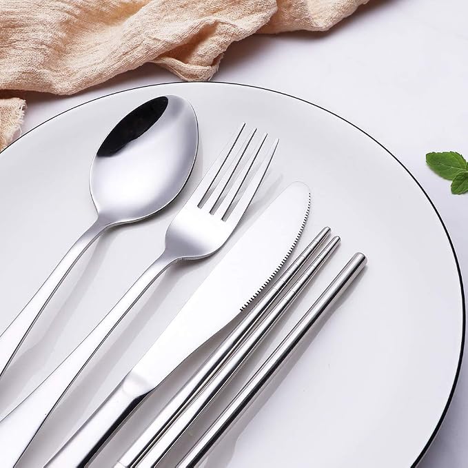 Travel Stainless Steel Utensils Set with Case – 8-Piece Reusable Flatware Kit Includes Fork, Knife, Spoon, Chopsticks, Straws, Brush & Bag – Portable Cutlery for Camping, Work, Picnic (Silver)
