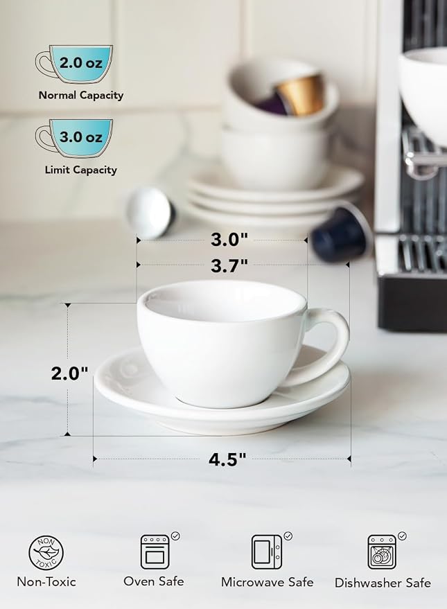 LE TAUCI 3 oz Espresso Cups with Saucers, Set of 4 Ceramic Demitasse Cup and Saucer Set for Double Espresso Shot, Lungo, Ristretto, Embossed Coffee Cups, White
