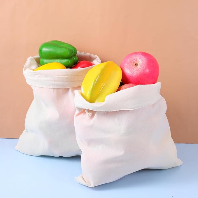 10 Pcs Reusable Produce Bags, 12"x10" Natural Linen Bread Bag Muslin Bags with Drawstring, X-Large Washable Fabric Multipurpose Canvas Cloth Gift Bag for Kitchen Food Storage, Shoe Grocery Organizer