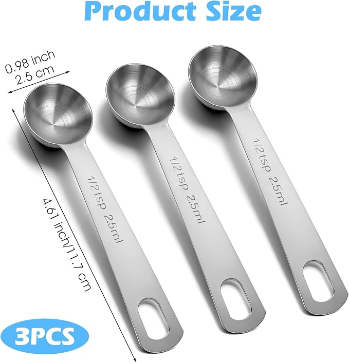 1/2 Teaspoon Measuring Spoons, 3Pcs Stainless Steel Short Design Kitchen Tools for Precise Cooking Baking Spices Measurement, 2.5ml