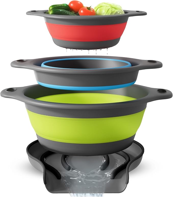 Gevoli Collapsible Colanders with Self-Draining Base for Edge of Sink, Food Strainers (Small/Med/Large), Nested Design for Easy Storage (Red, Blue, Green) (4PC Set)