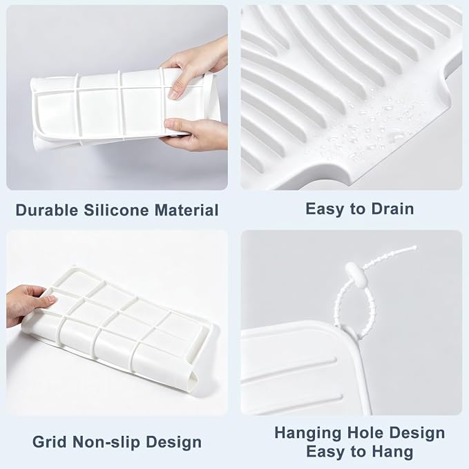 Silicone Dish Drying Mat for Kitchen Counter, White-1pcs, 16" x 13" | Heat Resistant & Non-Slip Dish Drain Pad with Built-In Drain, Dishwasher Safe, Quick-Dry, Hangable & Roll-Up for Storage