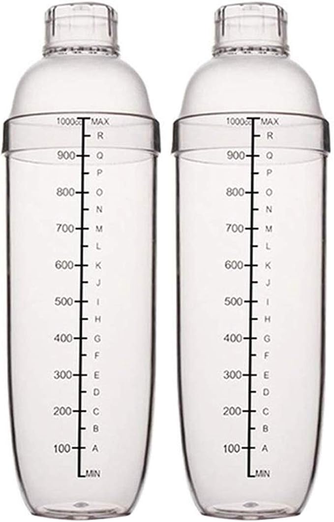 2 Pcs Plastic Cocktail Shaker,Drink Mixer Hand Shaker Cup with Scales,Transparent (33 oz / 1000cc)
