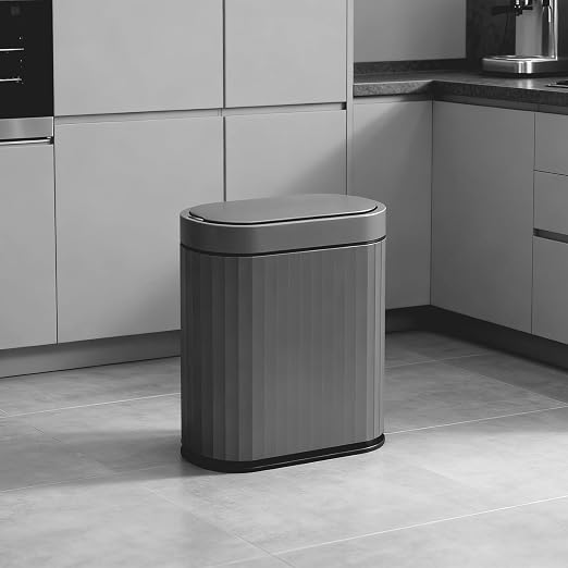 ELPHECO Bathroom Trash Can with Automatic Lid, 2 Gallon, Cement Grey Black | Motion Sensor Garbage Can, IPX5 Waterproof Slim Plastic Wastebasket, Smart Trash Bin for Bedroom, Bathroom and Office