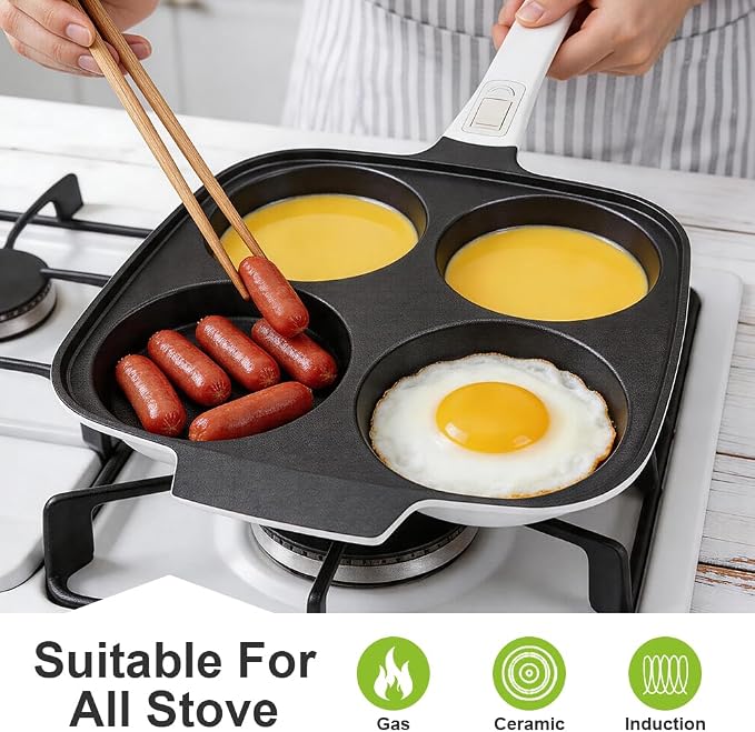 RANX INGST 4-Cup Egg Pan Nonstick with Lid 10 Inch Large Pancake Pan, White | Detachable Handle, Omelette Skillet Induction Compatible for Breakfast