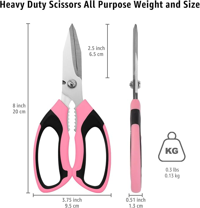 BoFuYuan Utility Scissors All Purpose heavy duty 8-Inch Pink | Comfort Grip, Sharp Serrated Blades Cutting Carpet Cardboard Wire Fabric, Multipurpose Shears for Kitchen Garden Office Craft