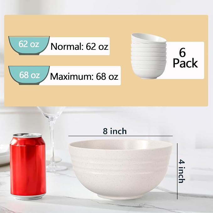 Homestockplus 【Non Ceramic】 68 Oz Salad Bowls,Large Serving Bowls 6 Pcs Unbreakable Ramen Bowl for Salad,Soup,Ramen,Noodle,Oatmeal,Snack Apply to Kitchen, Freezer,Dishwasher & Microwave Safe